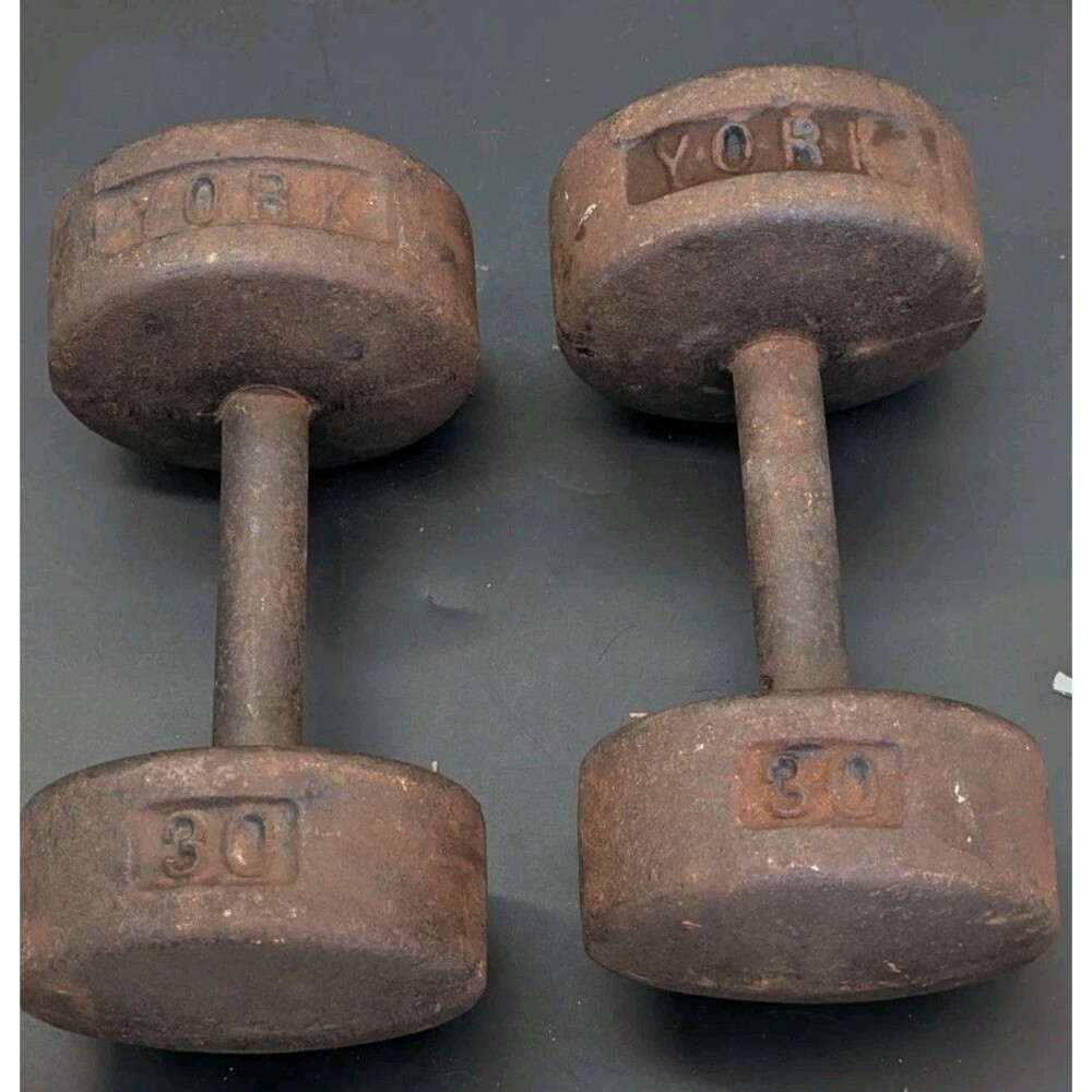 YORK VINTAGE Roundhead Pair Of 30 LB DUMBBELLS